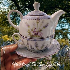 Cottagecore Lavender Floral Nesting Tea Set for One – Porcelain, Microwave Safe+